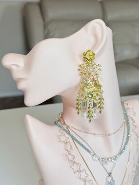 Gold Floral Cascade Earrings with Green Accents
